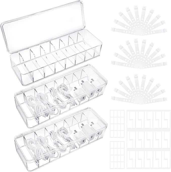 Cable Organizer Box with Lid, 3 Pcs Clear Cord Storage Organizer with 30 Cable Ties 62 Cable Labels, Charger Organizer for Office Desk Drawer Organizers and Accessories