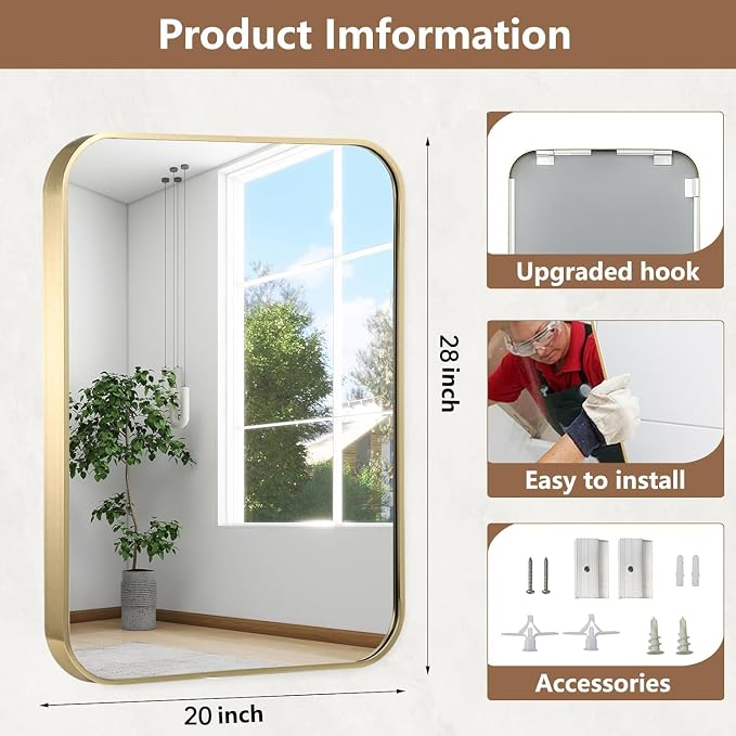 20x28 Inch Gold Bathroom Mirror, Brushed Brass Gold Metal Framed Rectangular