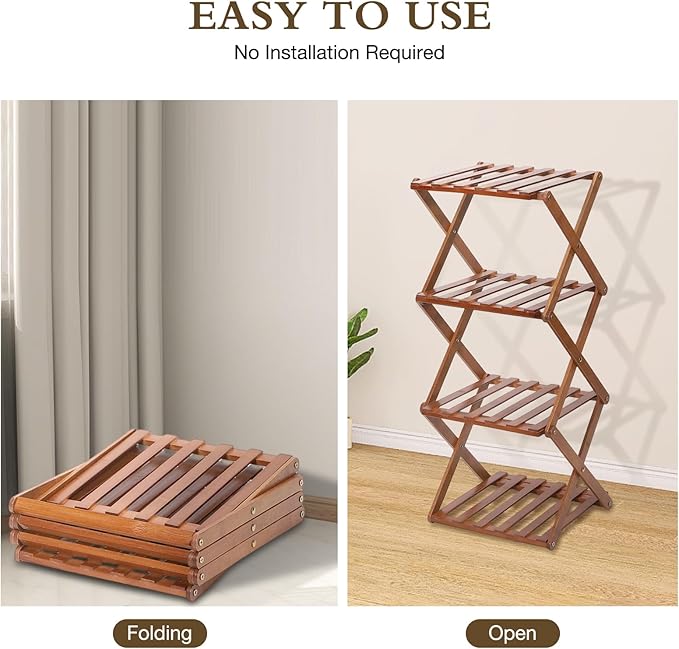 Bamboo Shoe Rack 4 Tier Foldable Shoe Rack Vertical Bamboo Shoe Organizer Free Standing Shelf for Entryway, Closet, Bedroom, Walnut Color