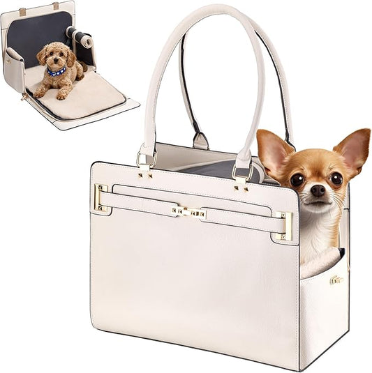 Dog Purse Carrier for Small Dogs, Stylish Foldable Pet Carrier Purse Tote Bag with Washable Cushion & Safety Leash, Airline Approved Puppy Travel Bag with Pockets (White)