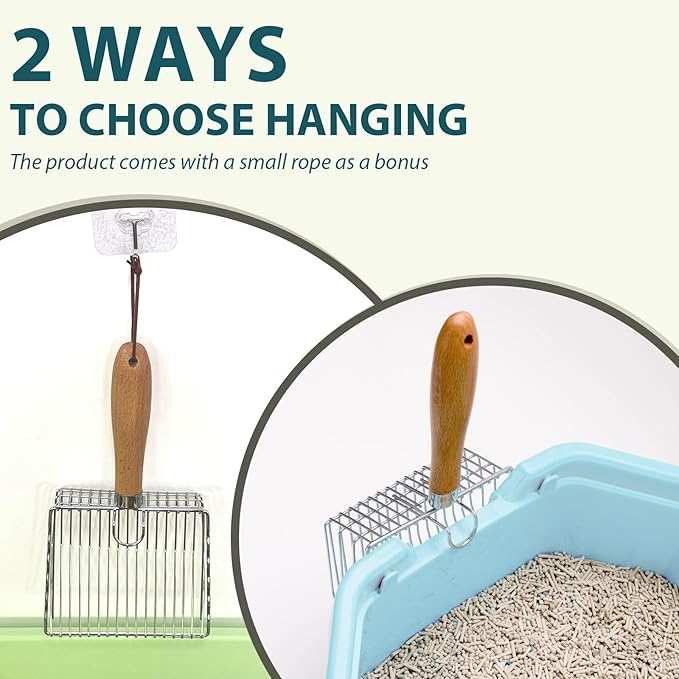 Cat Litter Scoop, Kitty Metal Scooper with Hook and Hole, Stainless Steel Kitten Poop Lifter for Litter Box, Non Stick, Durable and Heavy Duty Sifter for Easy Clean