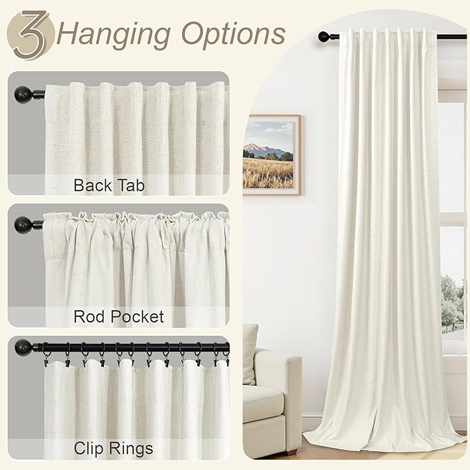 Pitalk 108 Inch Long Blackout Curtains & Drapes for Patio Sliding Glass Doors Back Tab Pocket Pleated 2 Panels Set Linen Black Out 9FT Ceiling to Floor Length Curtains for Living Room Cream 42 x 108