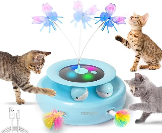 ORSDA Cat Toy, 3-in-1 Automatic Interactive Electronic Moving Ambush Feather, Fluttering Butterfly, Track Balls, USB Rechargeable Powered Smart Indoor Exercise Kicker
