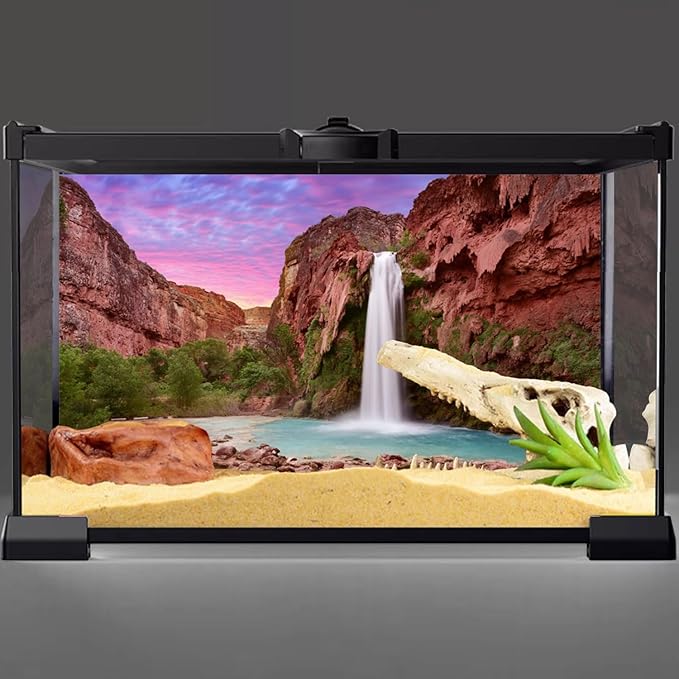 AWERT 30x18 inches Reptile Habitat Background Sunset Mountain Waterfall Terrarium Background