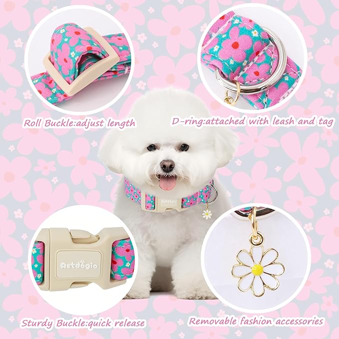 Cotton Floral Dog Collar,Green Dog Collar with Pink Flower, Adjustable Puppy Dog Collars for Small Medium Large, Cute Girl or Boy Dog Collar Ideal for Gifts,Pet Accessory,XS