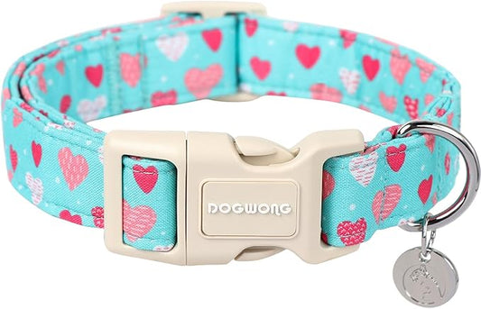 DOGWONG Valentine's Dog Collar - Blue Heart Adjustable Cotton Heart Dog Collar - Perfect for Small to Medium Dogs