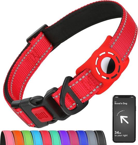 Airtag Dog Collar with AirTag Holder for Large Dogs, Reflective, Soft Padded & Safety Locking Buckle, Nylon Pet Collars Adjustable for All Breeds, Red,XL