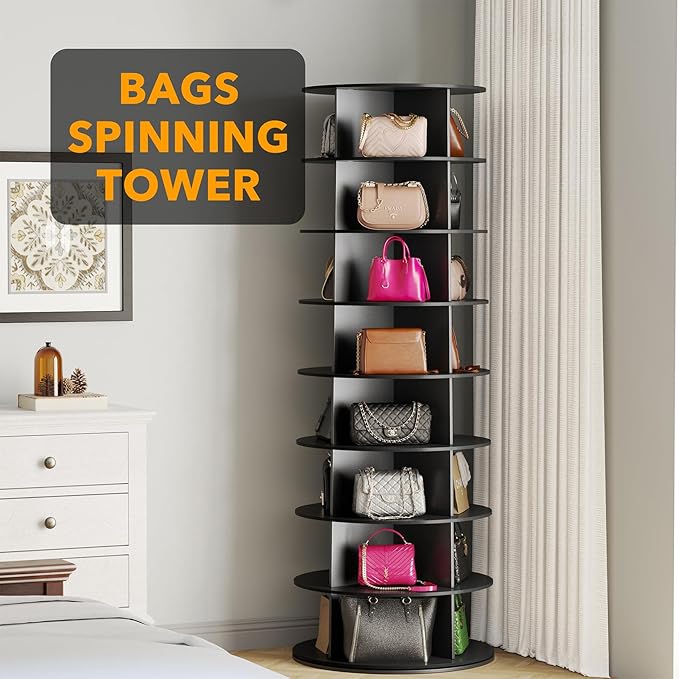 SpaceAid 8 Tier Rotating Shoe Rack Tower, Spinning Shoe Display Lazy Susan, Revolving 360 Shoe Rack Storage Round Carousel, Vertical Handbag Rotate Shoes Closet Organization (8-Tier Black)