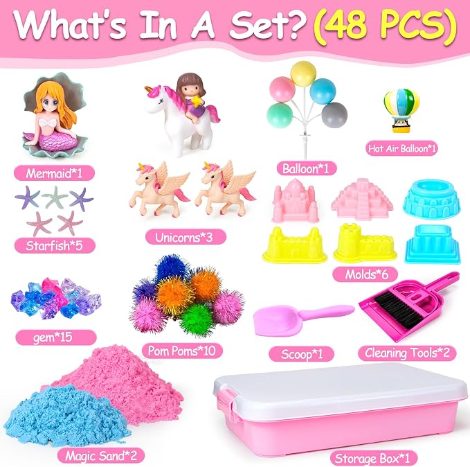 Sensory Bins, 48Pcs Unicorn Sandbox with Cover Play Sand Art Kits | Toddlers Sensory Sand Box Toys with Magic Sand, Unicorns, Mermaid, Cleaning Tools, Birthday Gifts for Kids Age 3 4 5 6 7 8