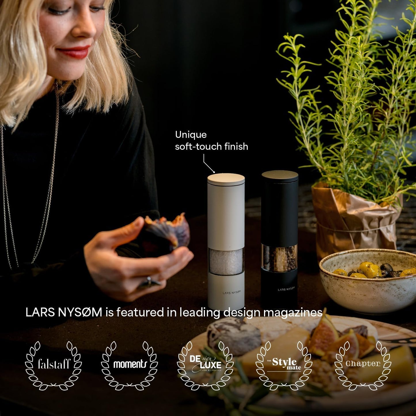 LARS NYSØM Salt and Pepper Grinder Set Manual, Stainless Steel Salt and Pepper Mills with Adjustable Ceramic Grinder I Design Spice Shakers (Black/Beige)