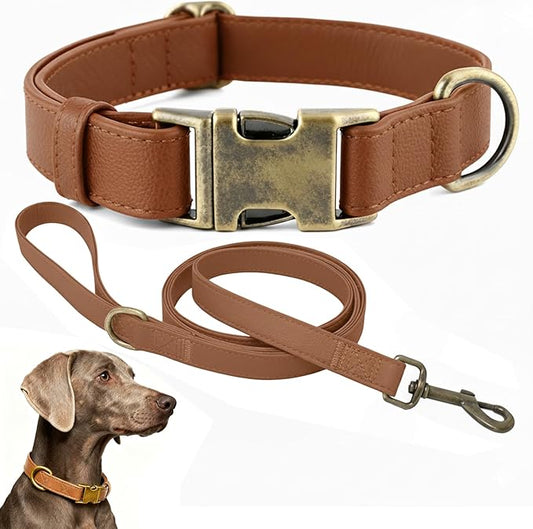 Dog Collar and Leash Set,Leather Silicone Waterproof Odor-Proof Dog Collar and Leash for Large Dogs, Soft Flexible Dog Collars, Durable Thick Adjustable Pet Collar (Brown, Large (14.5-24" Neck))