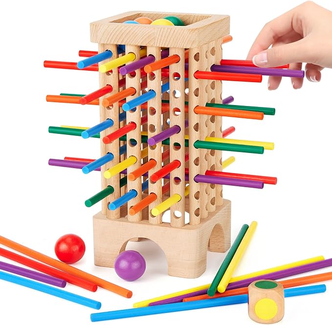 Montessori Game Wooden Board Games, 42 Colorful Sticks Dice Game Math Learning Toys for 3 4 5 6 Year Olds, Builds Fine Motor Skills & Counting, Family Travel Games for 3 Year Olds Gift for Kids