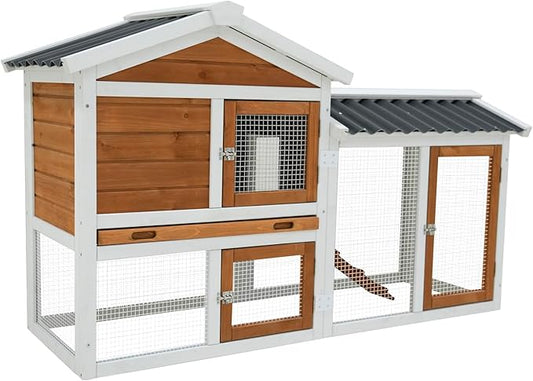 58" Wooden Outdoor Indoor Roof Waterproof Bunny Hutch Rabbit Cage Guinea Pig Coop PET House for Small to Medium Animals with Stairs and Cleaning Tray
