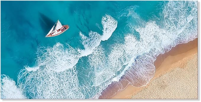 Goldfoilart Blue Ocean Sea Beach Canvas Wall Art Sailboat Painting Print on