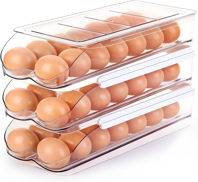 RoskDeewat Egg Holder for Fridge, Automatically Rolling Egg Container for Refrigerator, Clear Plastic Fridge Organizers and Storage with Lid, Stackable Egg Dispenser & Tray (3 Tier)