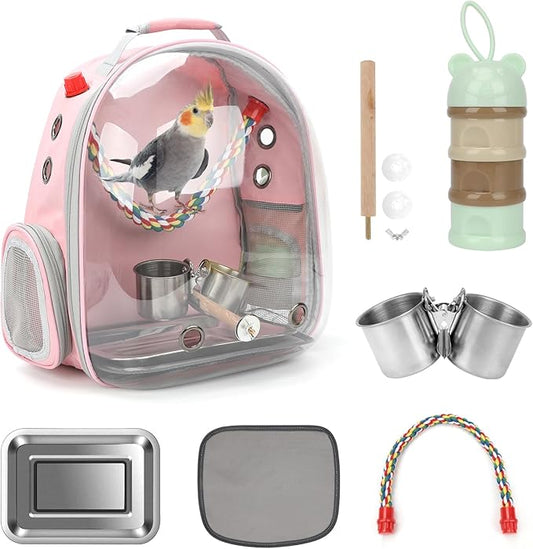 Rypet Bird Carrier Backpack Parrot Portable Breathable Bag Pet Bird Lightweight Travel Cage with Standing Perch and Stainless Steel Tray（Pink）