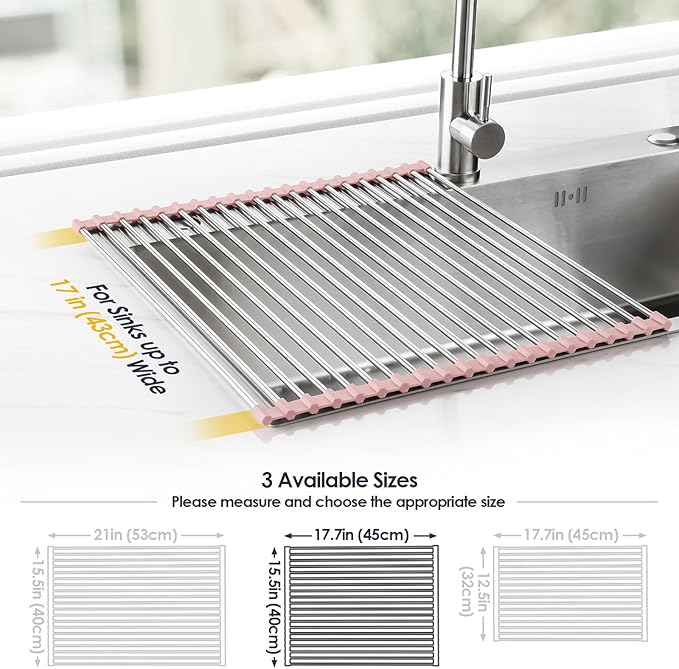 Tomorotec 17.7" x 15.5" Roll Up Dish Drying Rack Over Sink Drying Rack Sink Cover Kitchen Sink Accessories Gadget Multipurpose Organizer Foldable Stainless Steel Drainer