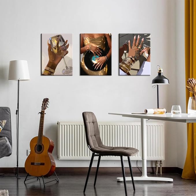Black Girl wall Art Set of 3, African American Woman Wall Decor Fashion Gold