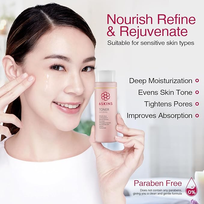 6SKINS® Pore Refining Toner for Face with Salicylic Acid (BHA) & Glycolic Acid (AHA) - Hydrating Korean Skin Care Face Toner for Women - Pore Minimizer for Face, Brightens & Moisturizes Skin - 150 ml