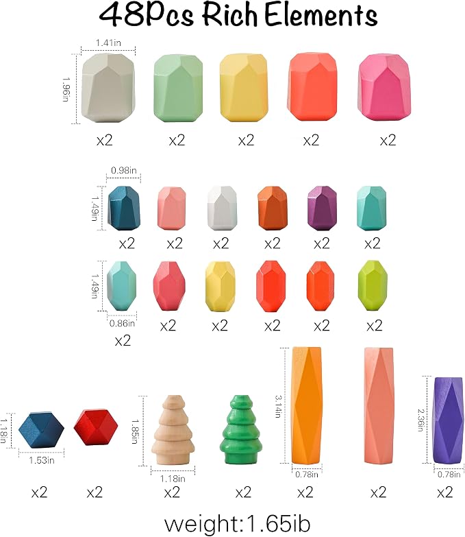 OESSUF Stacking Rocks 48Pcs Stacking Blocks Balancing Stacking Stones Wooden Building Toys Wood Stone Stacking Game for Toddler Sorting Preschool Educational Montessori Stacking Rocks for Kids