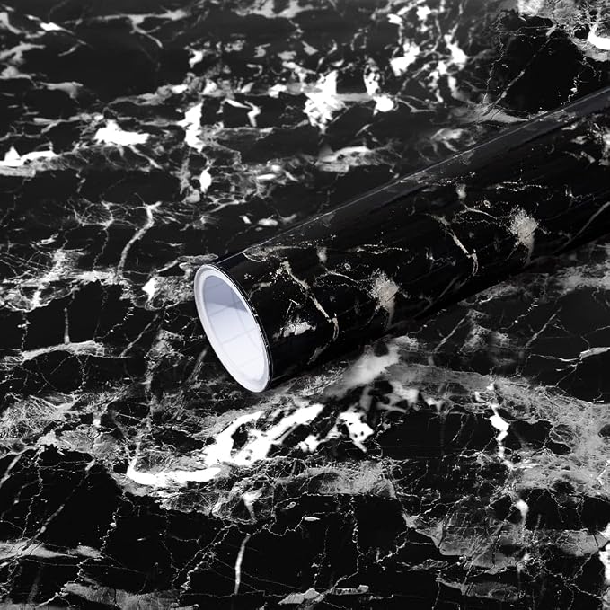 Arthome Black Marble Contact Paper, Peel and Stick Black Silver Paper, Self