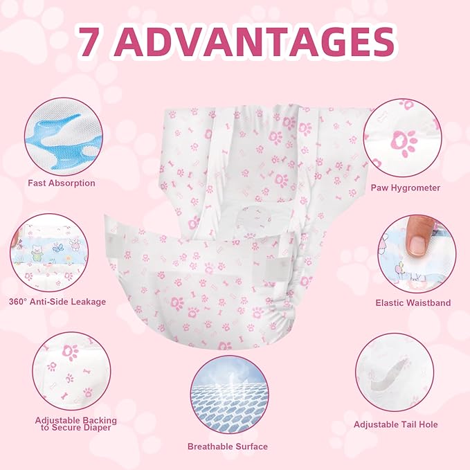 Disposable Dog Diapers Female 90 Count Puppy Diapers Female (Waist 13.4-19.7 in L) Super Absorbent Large Dog Pads for Heat Excitable Urination or Incontinence - Pink