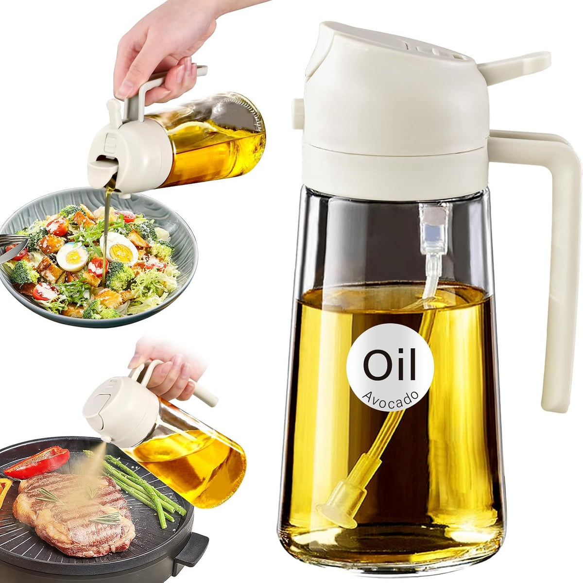 YARRAMATE 16oz/470ml Glass Olive Oil Sprayer for Cooking with Stickers, 2 in 1 Oil Dispenser for Kitchen Gadgets, Food Grade Premium Spray Bottle with Portion Control for Salad, Frying, BBQ (Black)