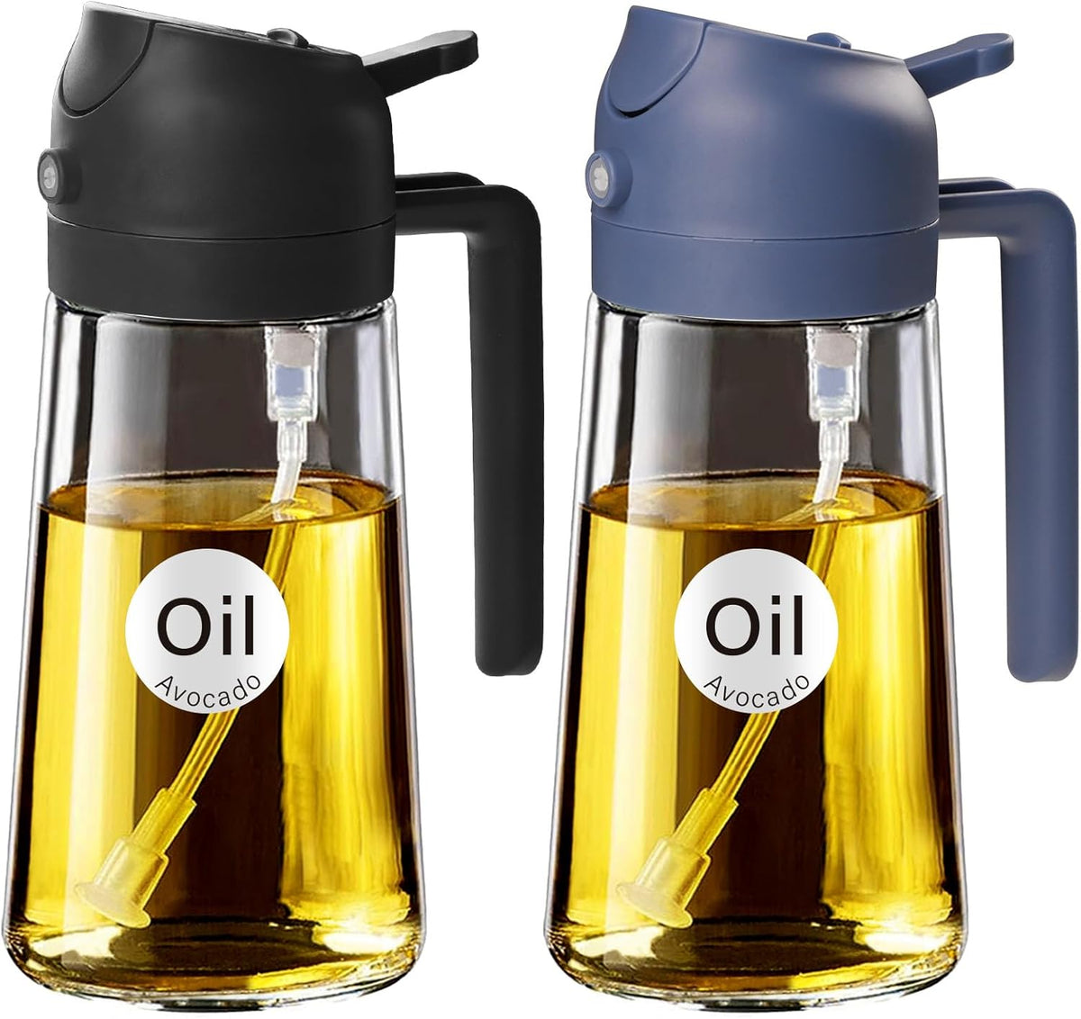 YARRAMATE 16oz/470ml Glass Olive Oil Sprayer for Cooking with Stickers, 2 in 1 Oil Dispenser for Kitchen Gadgets, Food Grade Premium Spray Bottle with Portion Control for Salad, Frying, BBQ (Black)