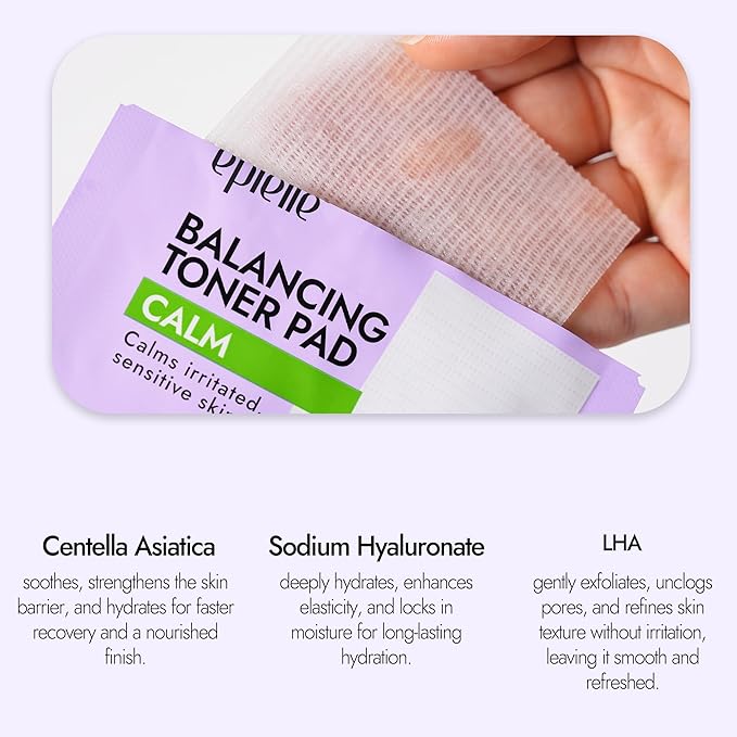 Epielle Balancing Toner Pads 5 Packs Individually Wrapped, Calming & Hydrating Irritated, Sensitive Skin with CICA & Salicylic Acid, Cotton Gauze & Glutathione Jelly, Korean Skin Care (15 Toner Pads)