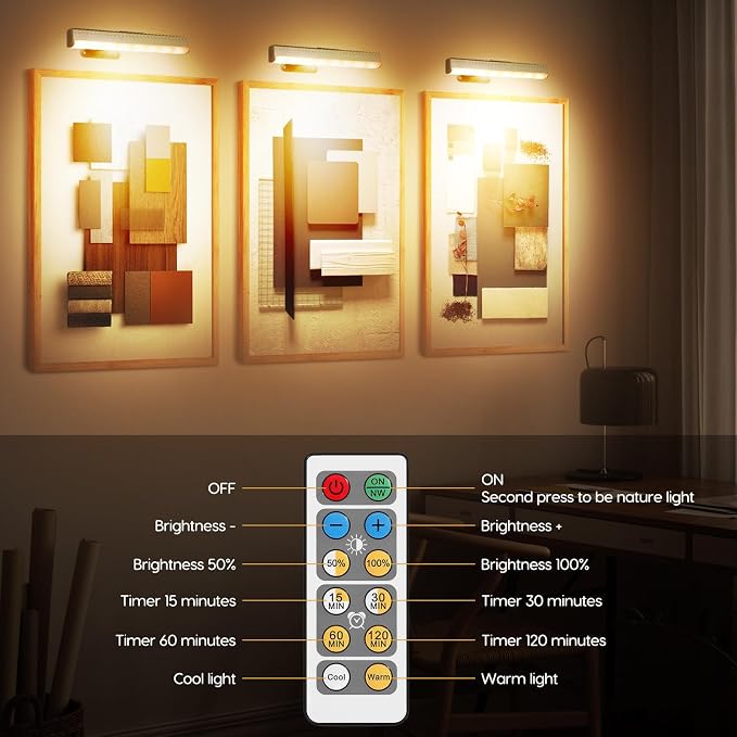 2Pcs Picture Light for Wall Dimmable, Remote Painting Light