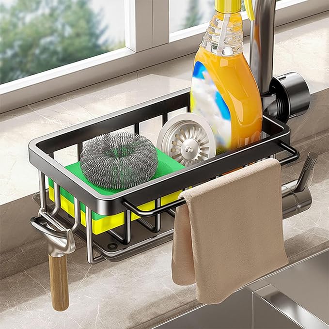Haofy Kitchen Faucet Sponge Holder, Sink Faucet Organizer with Drip Tray for Dish Soap Brush, 5.7 x 10.5 x 3.5 (Black)