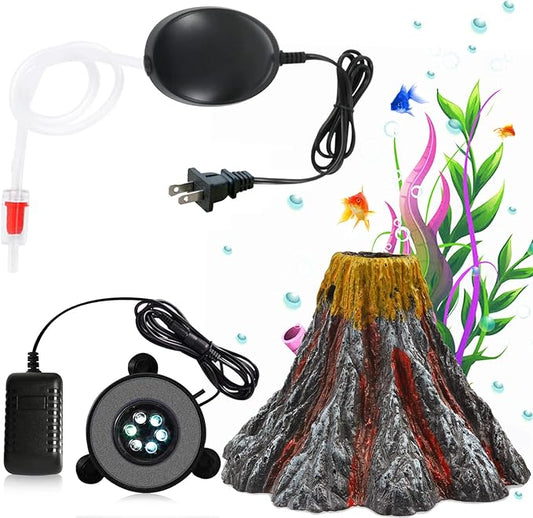 Aquarium Volcano Decoration Set Fish Tank Bubble Decorations, Air Stone with Air Pump, Aquarium Ambient Light with 6 LEDs, Bubble Stone Bubbler Volcano Shape Set