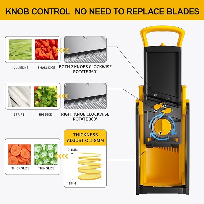 Safe Mandoline Food Slicer For Kitchen, Multifunctional Veggie Chopper Vegetable Cutter Slicer Dicer, All in 1, can Slice, Strips, Shred, Dice-Yellow