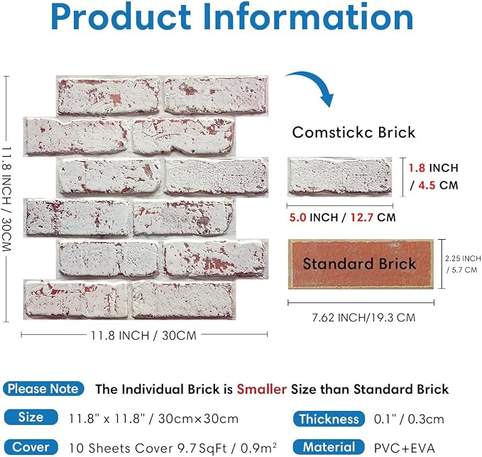 3D Whitewash Brick Wall Panel Peel and Stick