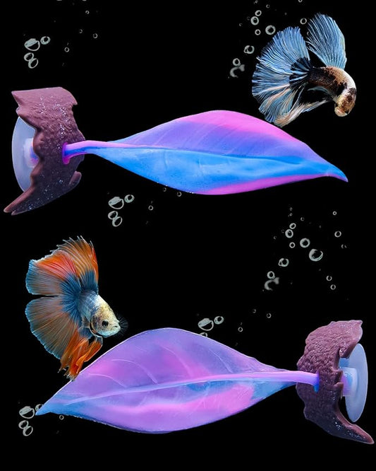 Uniclife Betta Leaf Hammock Soft Aquarium Rest Bed Fish Breeding Playing Pad with Suction Cup and Lifelike Bark Ornament Colorful Silicone Decoration for Fish Tank Landscape, 2 Pack
