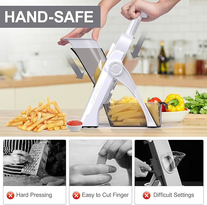 Safe Mandoline Slicer for Kitchen, Meal Prep, Potato Slicer, Adjustable/Easy to Clean/Storage, Kitchen Chopping Artifact, French Fry Cutter, Paring Knife/Cleaning Brush (only Slice, White)