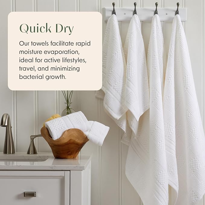 Springtree Home 100% Cotton Bathroom Towel Set | 6 Piece Set - White Towels | Geometric Textured Design | Absorbent & Quick-Dry | Oeko-TEX® Standard 100 Cotton | Myla Collection - White