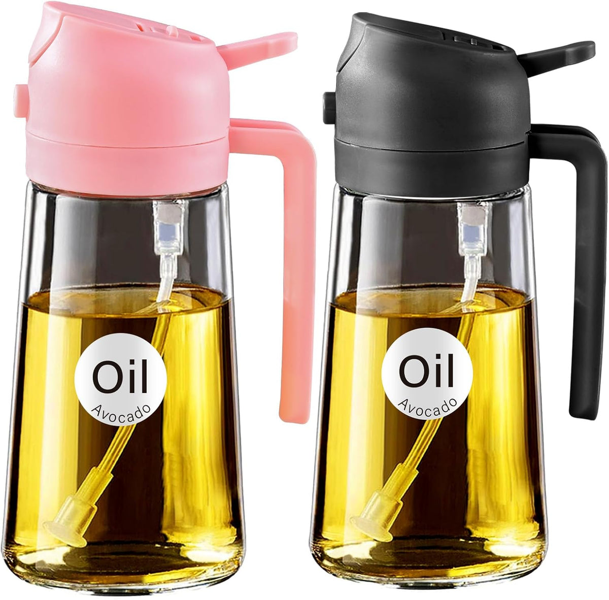 YARRAMATE 16oz/470ml Glass Olive Oil Sprayer for Cooking with Stickers, 2 in 1 Oil Dispenser for Kitchen Gadgets, Food Grade Premium Spray Bottle with Portion Control for Salad, Frying, BBQ (Black)
