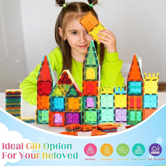 OugerToy 104PCS Magnetic Tiles STEM Building Blocks for Kids Ages 3-9 | Educational Stacking Toys with Car Bases, Creative Construction Gift for Boys Girls OugerToy