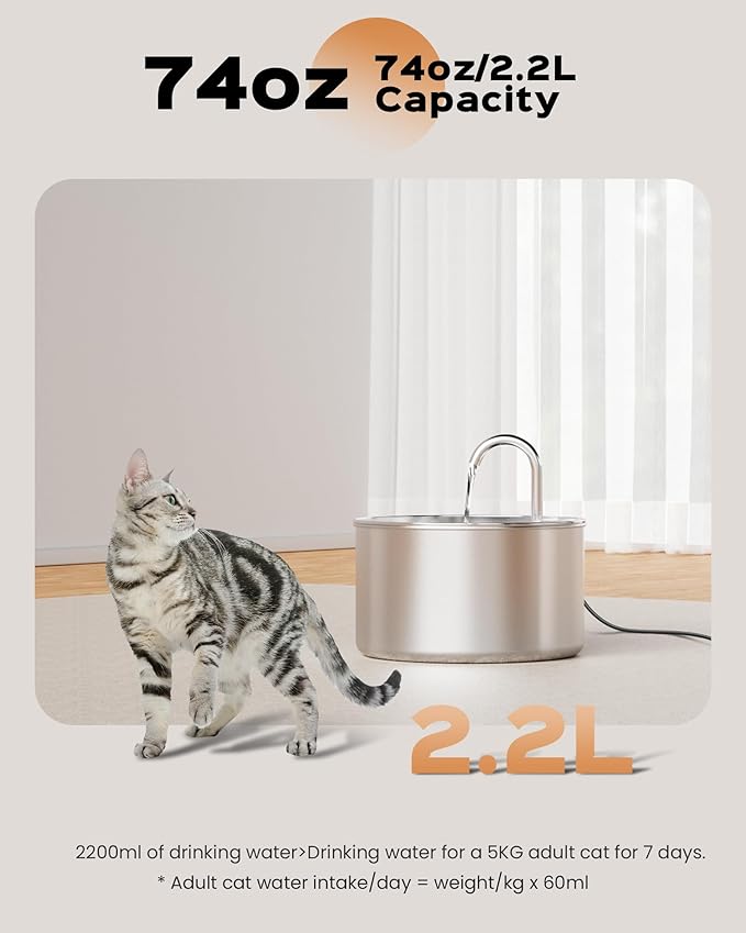 Cat Water Fountain: Stainless Steel Pet Water Fountains Indoor Metal Automatic Cat/Dog Waterer Bowls Faucet Bottle Watering Pets 24/7 Running Water Dispenser for Drinking