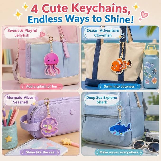 DIY Glitter Craft Kit with Keychains - Mess-Free Arts and Crafts for Kids Ages 4-8, Fun Shake-It Activity, Creative Travel Toys, Party Favors & Birthday Gifts for Girls 4-9