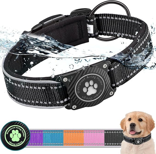 Airtag Dog Collar with Waterproof Air Tag Holder, Luminous Reflective, Soft Padded, Adjustable Nylon Pet Collar for Small Medium Large Heavy Duty Dogs,Black, S