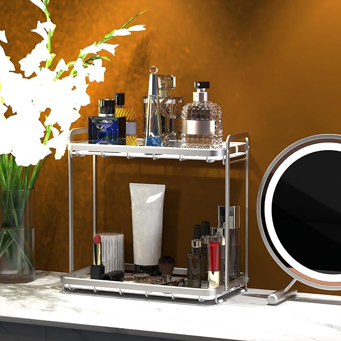 Counter Organizer for Bathroom, Kitchen or Coffee Bar, Metal Shelf with Faux Marble, Vanity Countertop Makeup Storage, Dresser Perfume Display Rack, Toilet Tank Tray (Matte Silver, 2-Tier)