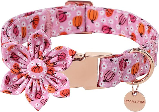 Halloween Pumpkin Dog Collar with Flower, Pink Halloween Puppy Flower Collar with Adjustable Metal Buckle,Fancy Halloween Dog Collar Bowtie Gift for Girl Boy Dog,L