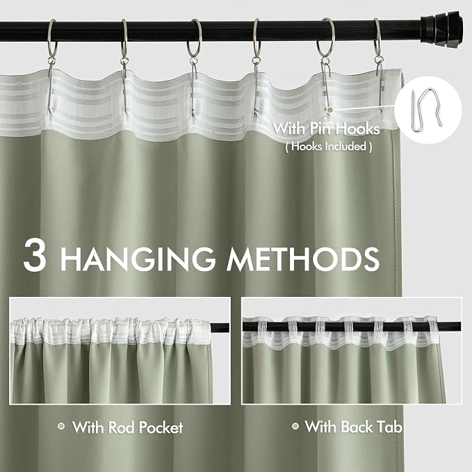 MIULEE Sage Green Back Tab Blackout Curtains 72 Inch Length 2 Panels Set