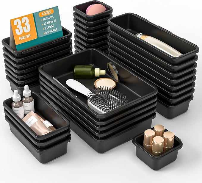 33 PCS Drawer Organizer Set, 4 Size Makeup Drawer Divider Organizer With Non-Slip Pads, Interlocking Plastic Storage Bins for Office,Jewelry Vanity,Gadgets, Bathroom,Kitchen, Black