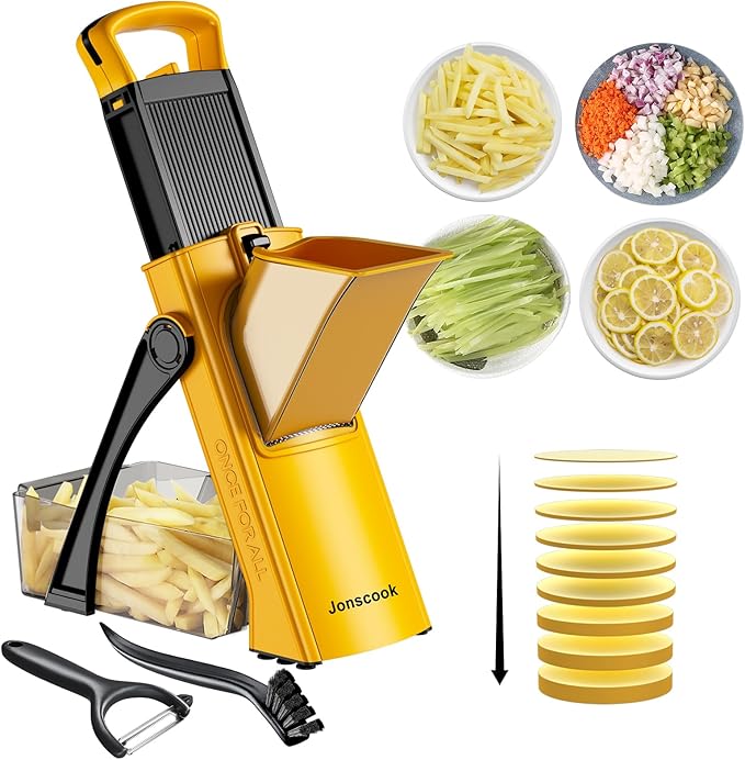 Safe Mandoline Food Slicer For Kitchen, Multifunctional Veggie Chopper Vegetable Cutter Slicer Dicer, All in 1, can Slice, Strips, Shred, Dice-Yellow