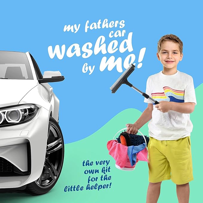 Kids Car Wash Activity Kit – 7 Kid-Sized Carwash Accessories Gifts for Boys & Girls Ages 5 6 7 8-10 - Outdoor Fun Toys – Set Includes Bucket, Squeegee, Microfiber Mitt, Wheel Brush, 3 Cleaning Cloths