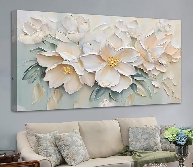 Anolyfi White Textured Flowers Canvas Wall Art
