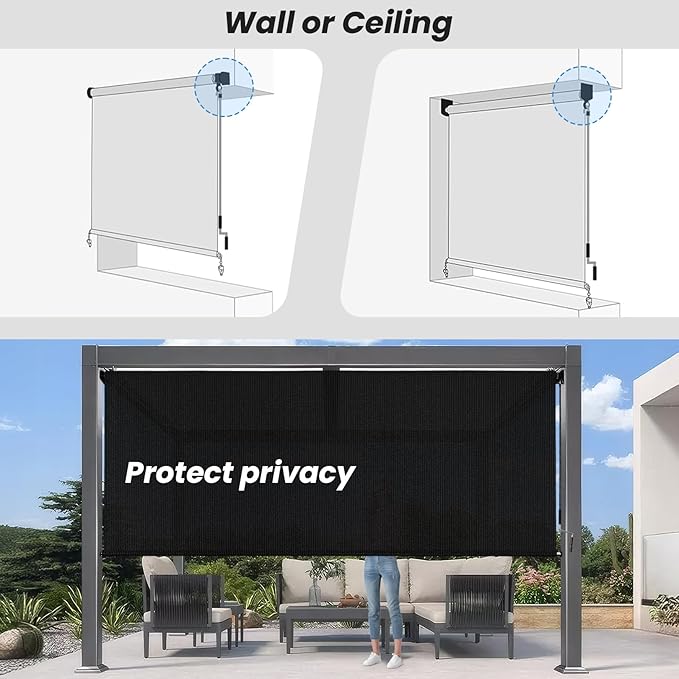 6'W x 8'H Black Patio Shades Roll up Outdoor Roller Shade Crank Wand Blind